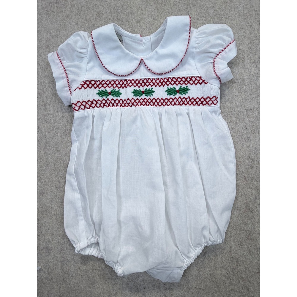 Marco & Lizzy Bubble Romper Unisex 6M White Smocked Holly Christmas Traditional